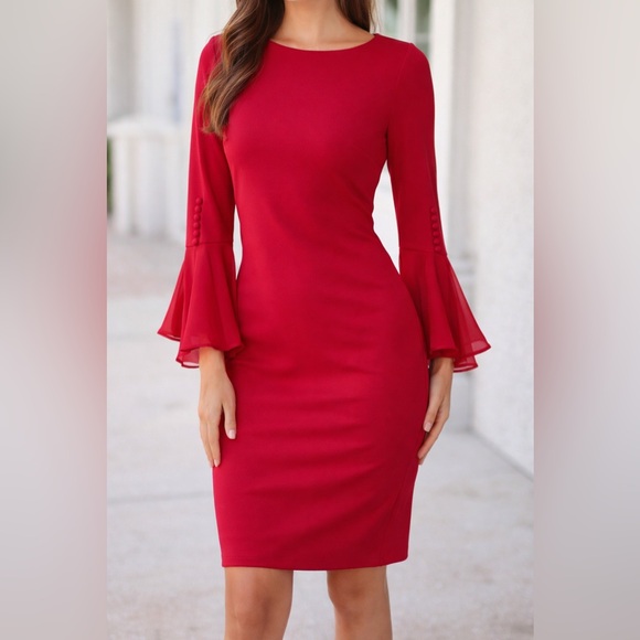 CALVIN KLEIN ❤️ Elegant Cherry Red, Flared Sleeves Midi Dress (Women’s 6 Petite) - Picture 12 of 12